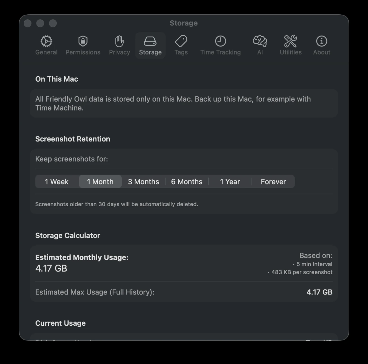 Storage settings
