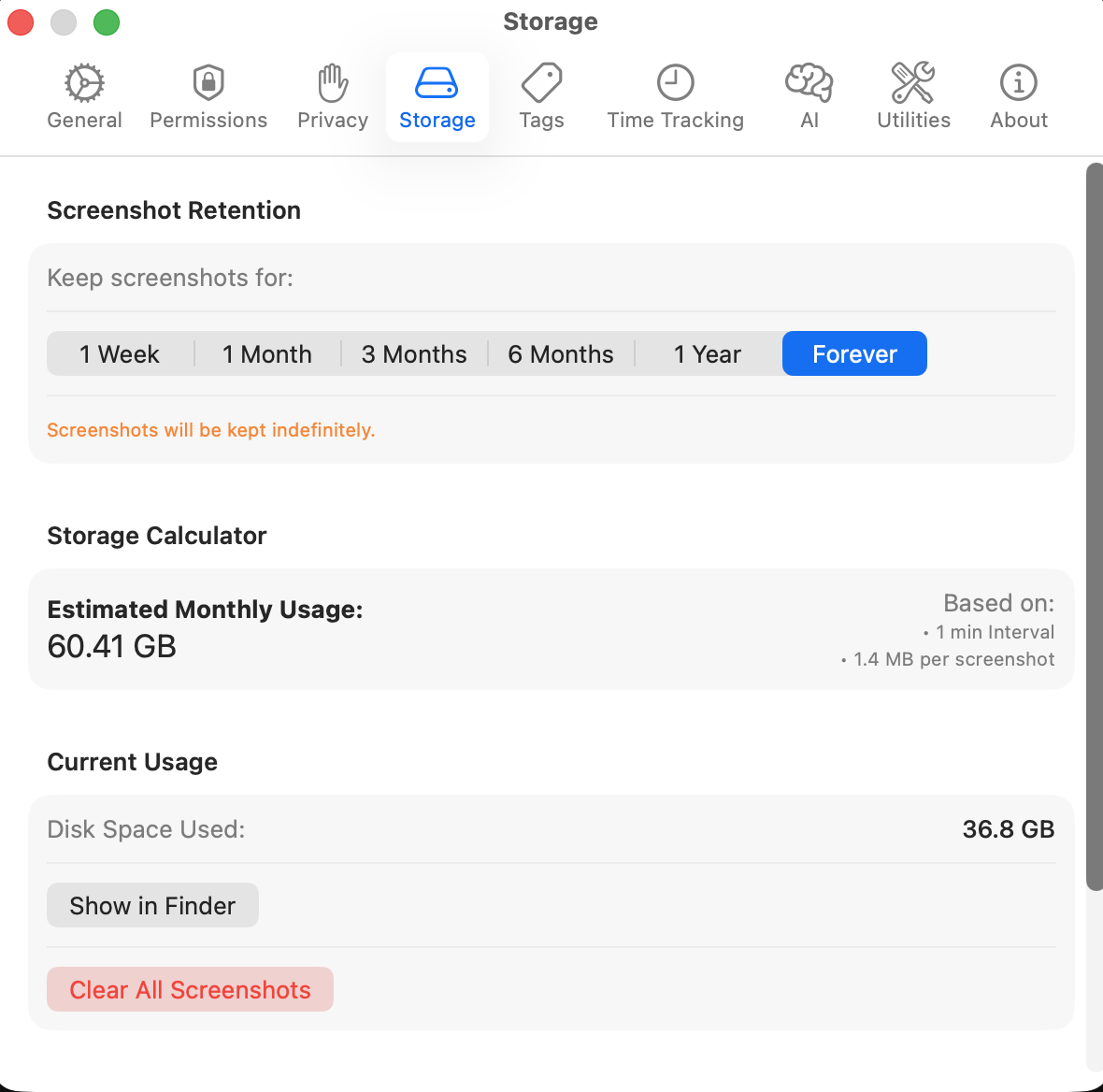 Storage settings